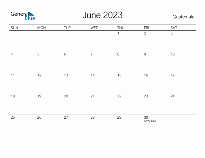 Printable June 2023 Calendar for Guatemala