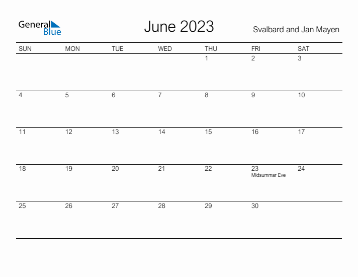 Printable June 2023 Calendar for Svalbard and Jan Mayen