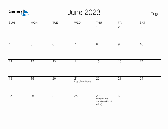 Printable June 2023 Calendar for Togo