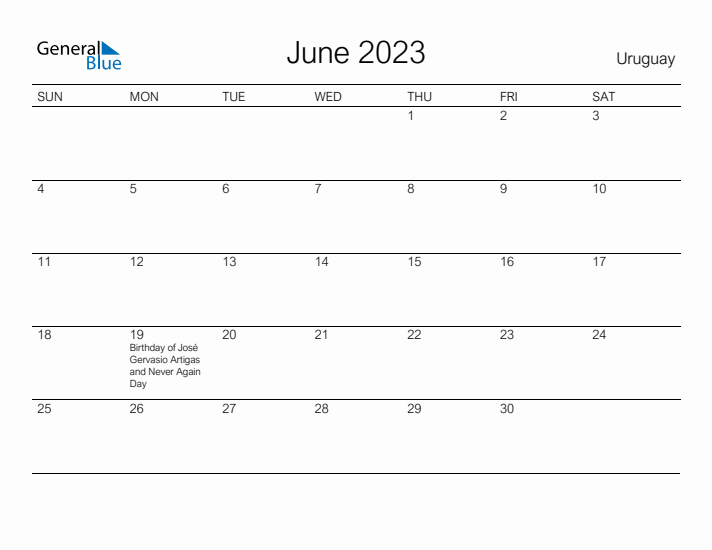 Printable June 2023 Calendar for Uruguay