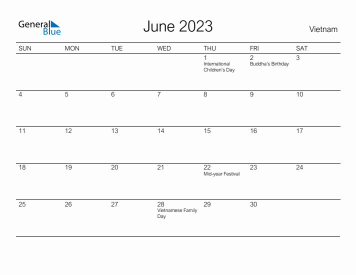 Printable June 2023 Calendar for Vietnam