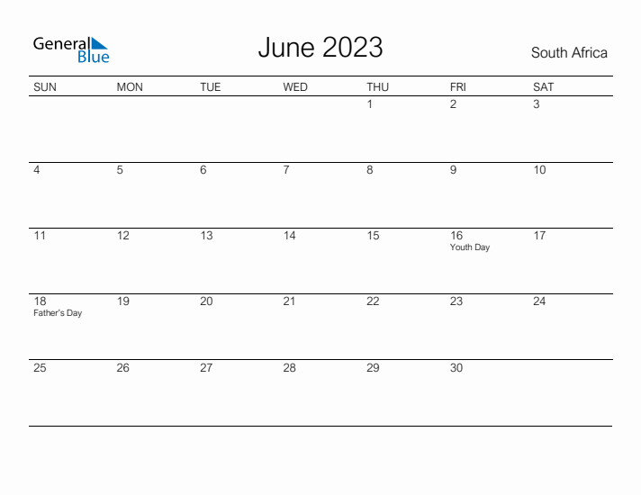 Printable June 2023 Calendar for South Africa