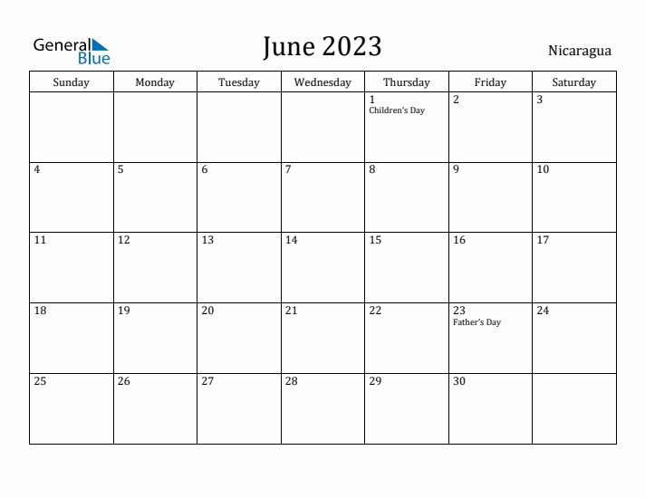 June 2023 Calendar Nicaragua