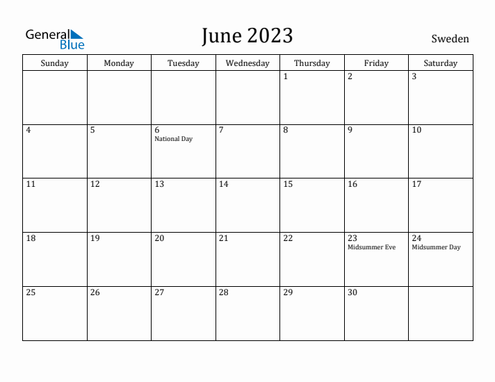 June 2023 Calendar Sweden