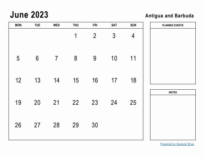 June 2023 Printable Monthly Calendar with Antigua and Barbuda Holidays