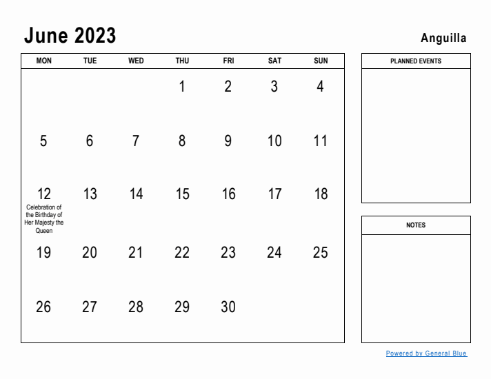 June 2023 Printable Monthly Calendar with Anguilla Holidays