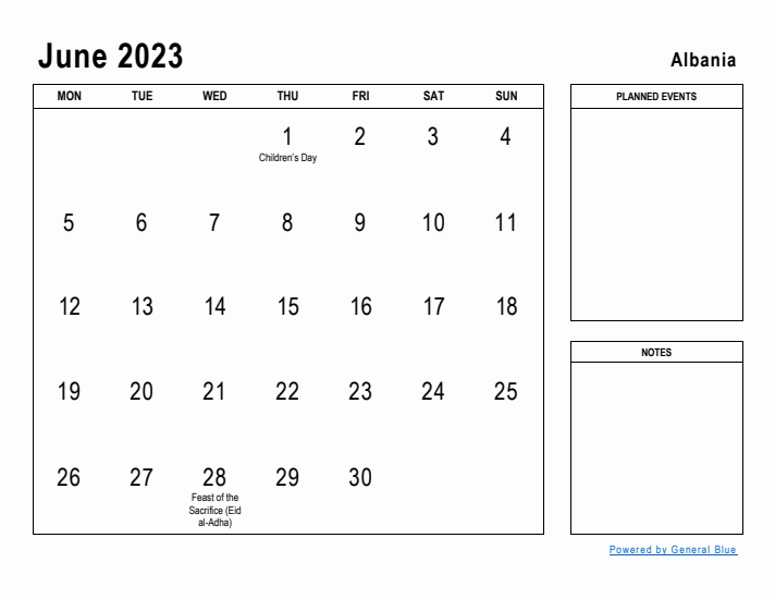 June 2023 Printable Monthly Calendar with Albania Holidays