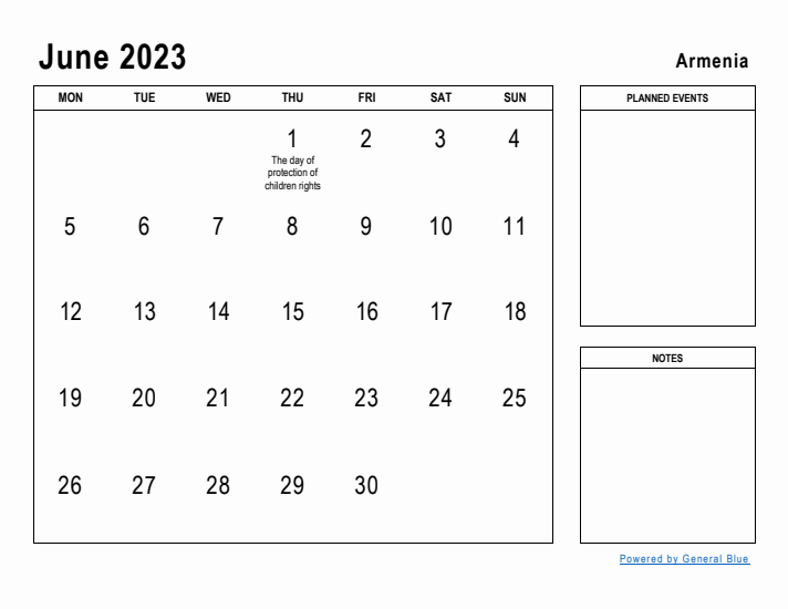 June 2023 Printable Monthly Calendar with Armenia Holidays