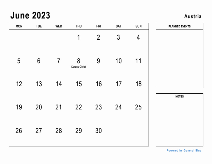 June 2023 Printable Monthly Calendar with Austria Holidays