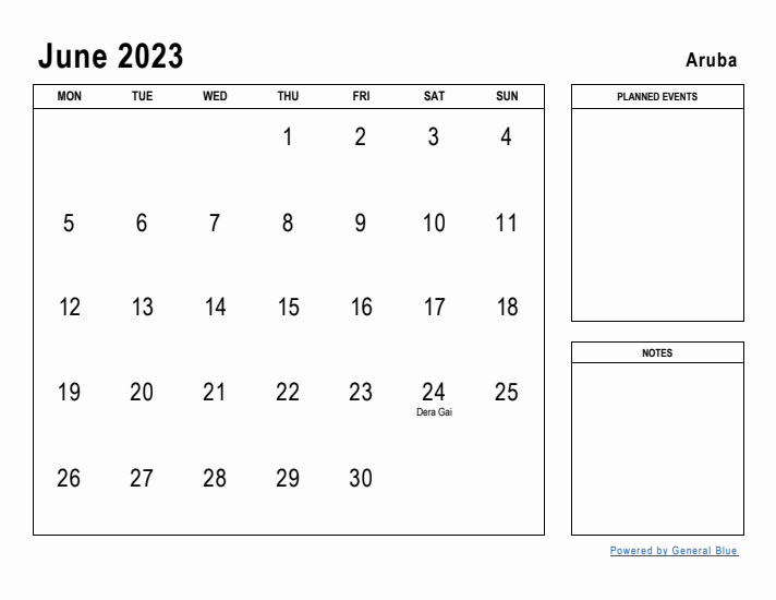 June 2023 Printable Monthly Calendar with Aruba Holidays