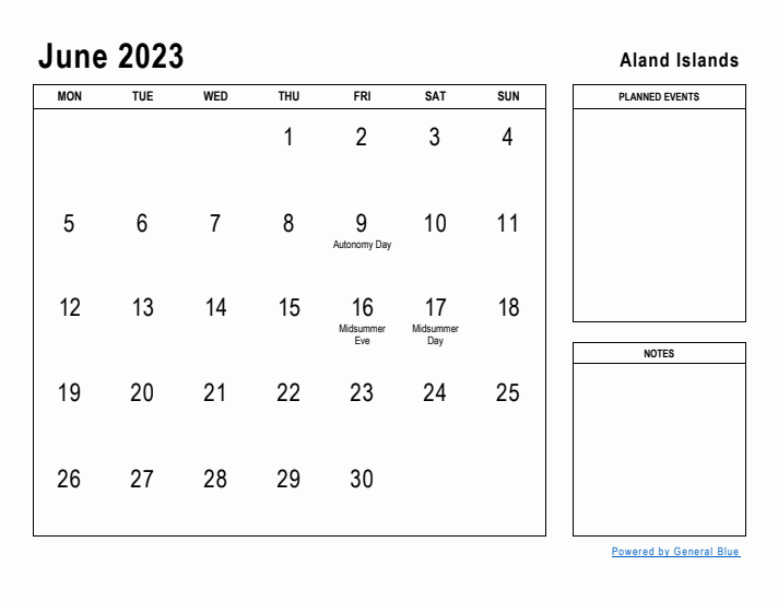 June 2023 Printable Monthly Calendar with Aland Islands Holidays