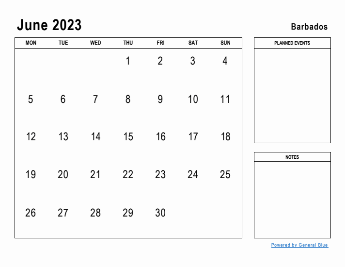 June 2023 Printable Monthly Calendar with Barbados Holidays