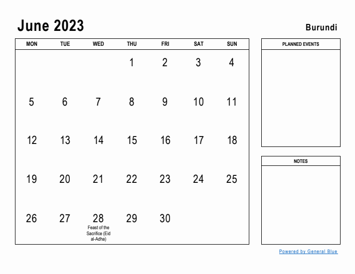 June 2023 Printable Monthly Calendar with Burundi Holidays