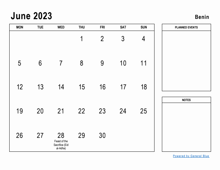 June 2023 Printable Monthly Calendar with Benin Holidays