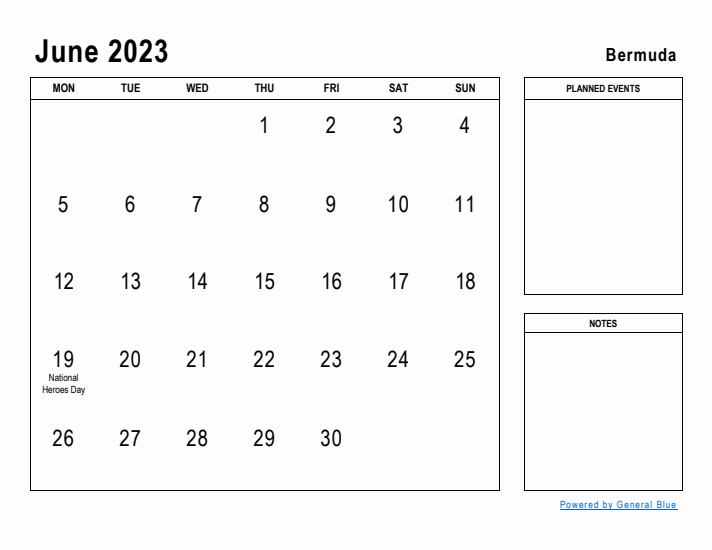 June 2023 Printable Monthly Calendar with Bermuda Holidays