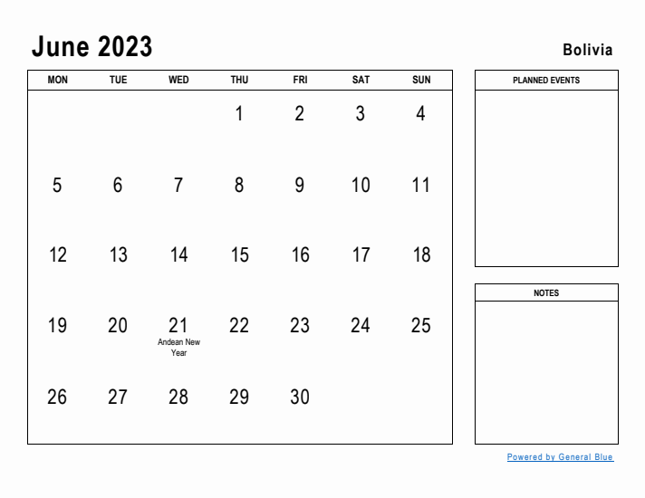 June 2023 Printable Monthly Calendar with Bolivia Holidays