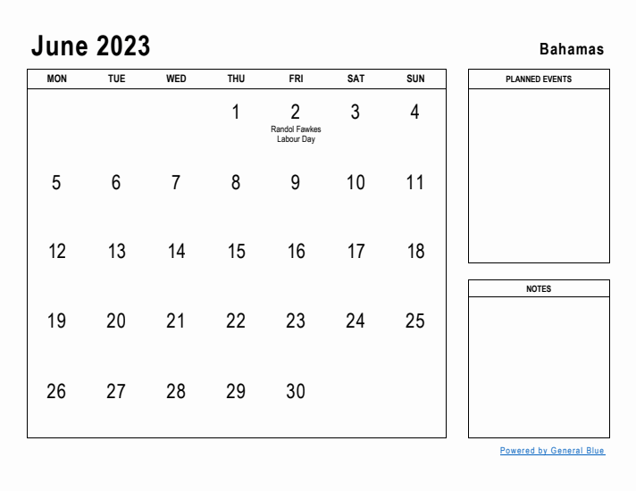 June 2023 Printable Monthly Calendar with Bahamas Holidays