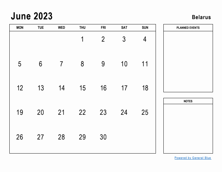 June 2023 Printable Monthly Calendar with Belarus Holidays