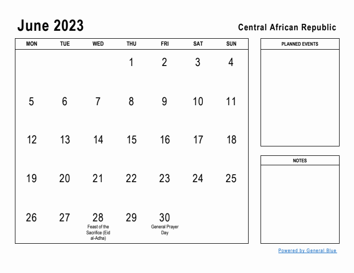 June 2023 Printable Monthly Calendar with Central African Republic Holidays