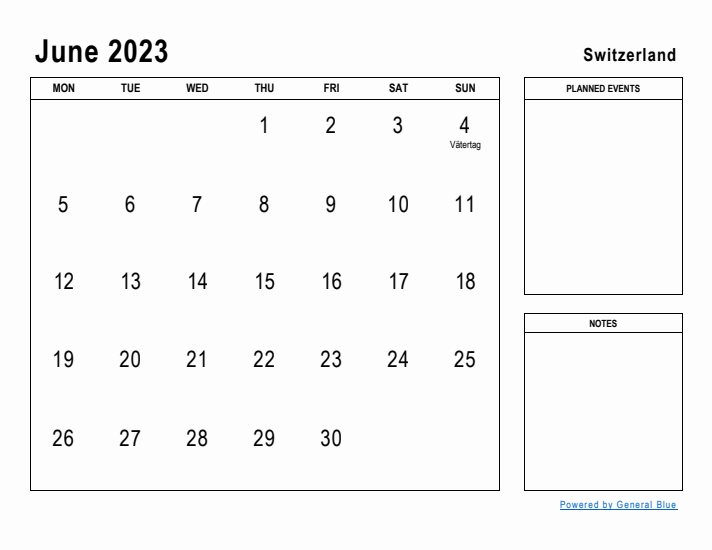 June 2023 Printable Monthly Calendar with Switzerland Holidays