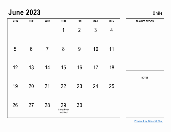 June 2023 Printable Monthly Calendar with Chile Holidays