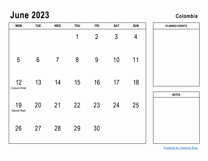 June 2023 Printable Monthly Calendar with Colombia Holidays