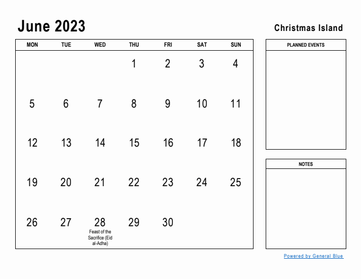 June 2023 Printable Monthly Calendar with Christmas Island Holidays