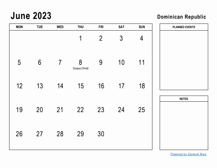 June 2023 Printable Monthly Calendar with Dominican Republic Holidays