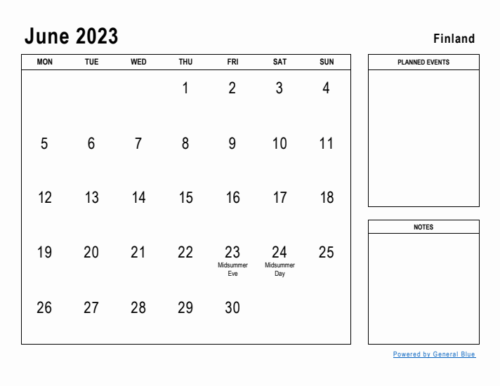 June 2023 Printable Monthly Calendar with Finland Holidays