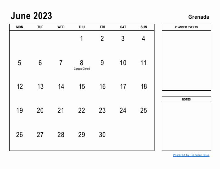 June 2023 Printable Monthly Calendar with Grenada Holidays