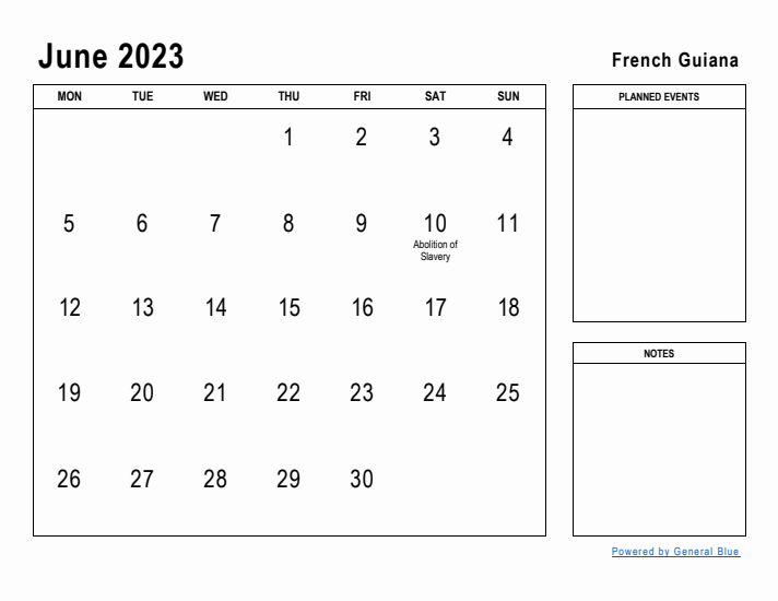 June 2023 Printable Monthly Calendar with French Guiana Holidays