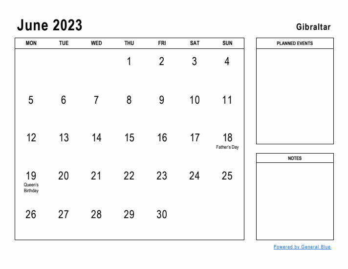 June 2023 Printable Monthly Calendar with Gibraltar Holidays