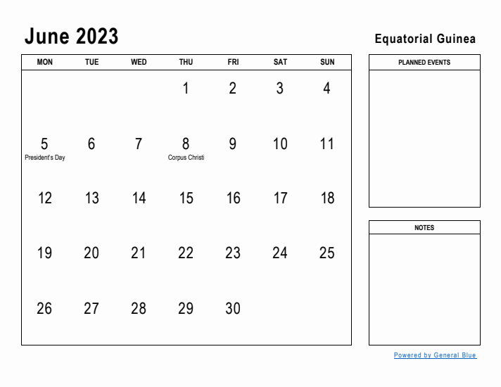 June 2023 Printable Monthly Calendar with Equatorial Guinea Holidays