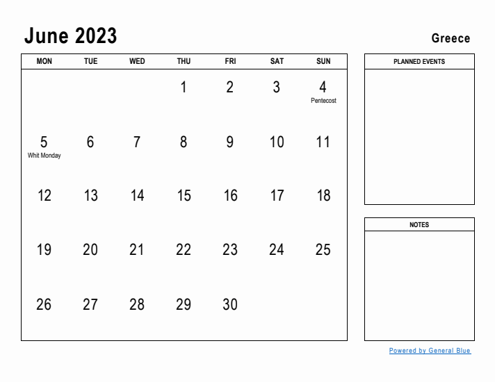 June 2023 Printable Monthly Calendar with Greece Holidays