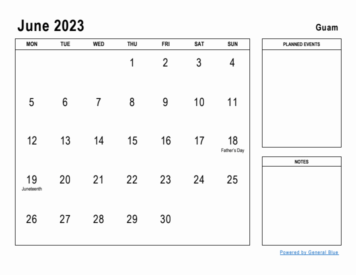 June 2023 Printable Monthly Calendar with Guam Holidays