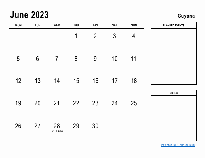 June 2023 Printable Monthly Calendar with Guyana Holidays