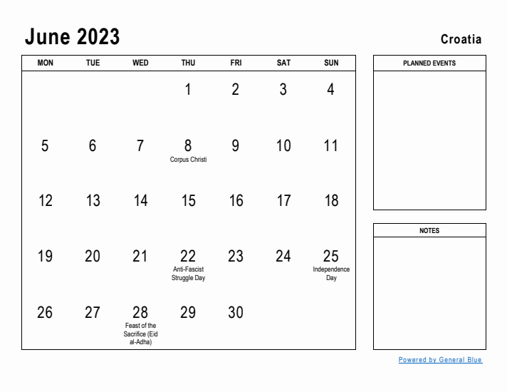 June 2023 Printable Monthly Calendar with Croatia Holidays