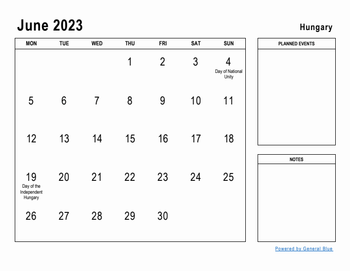 June 2023 Printable Monthly Calendar with Hungary Holidays