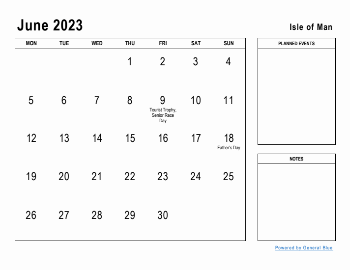 June 2023 Printable Monthly Calendar with Isle of Man Holidays