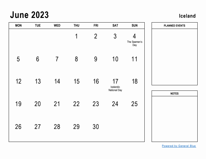 June 2023 Printable Monthly Calendar with Iceland Holidays