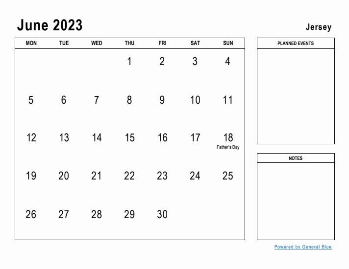 June 2023 Printable Monthly Calendar with Jersey Holidays