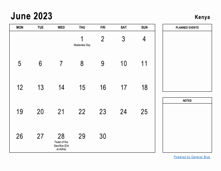 June 2023 Printable Monthly Calendar with Kenya Holidays