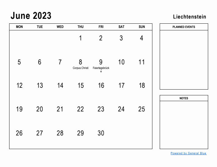 June 2023 Printable Monthly Calendar with Liechtenstein Holidays