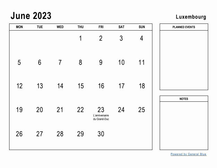 June 2023 Printable Monthly Calendar with Luxembourg Holidays