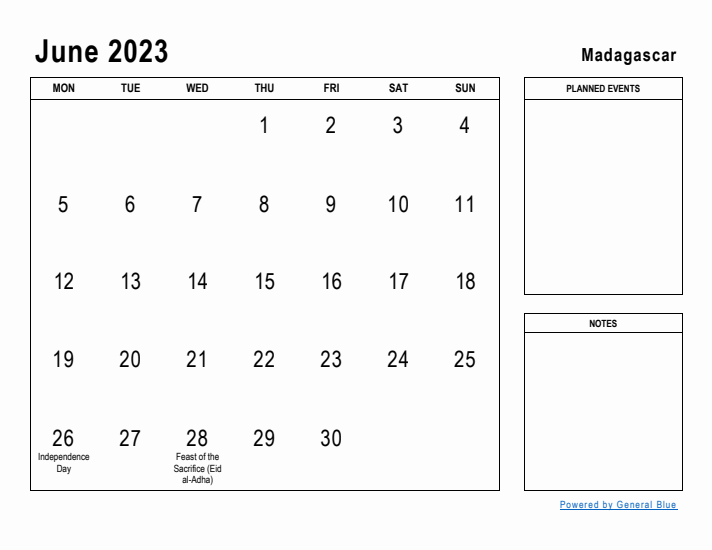 June 2023 Printable Monthly Calendar with Madagascar Holidays