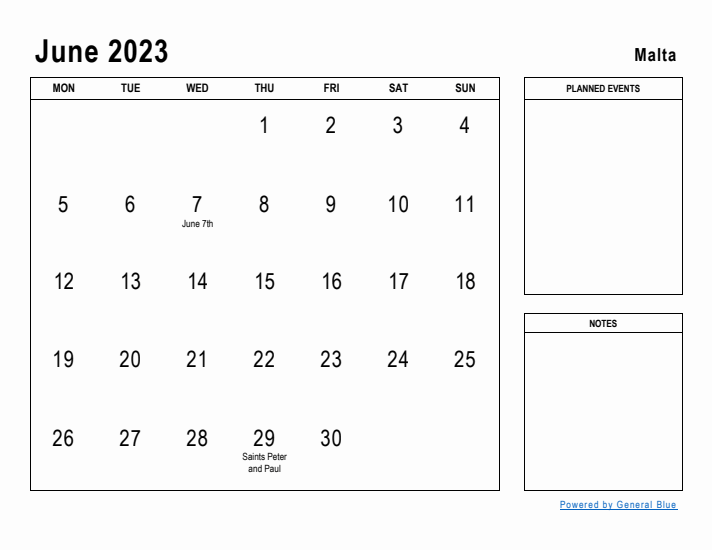 June 2023 Printable Monthly Calendar with Malta Holidays