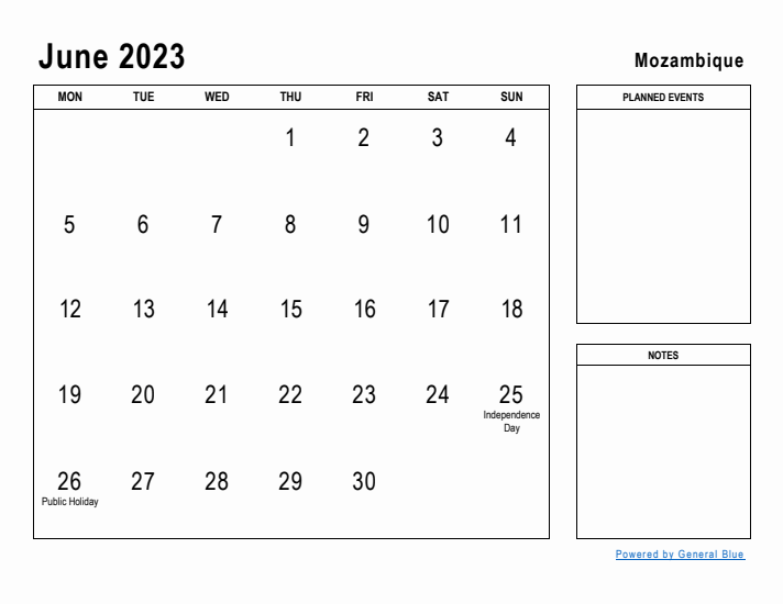 June 2023 Printable Monthly Calendar with Mozambique Holidays