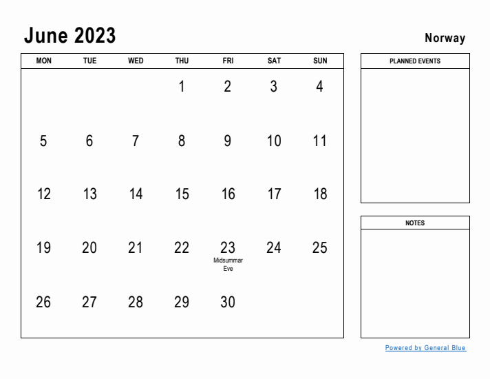 June 2023 Printable Monthly Calendar with Norway Holidays