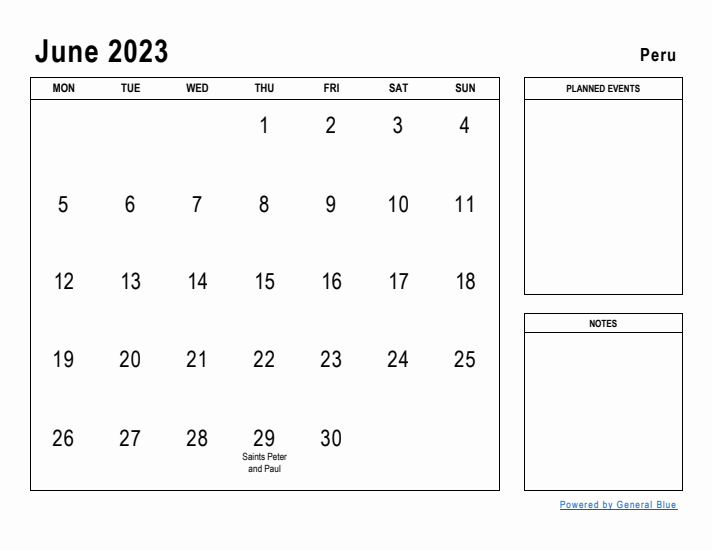 June 2023 Printable Monthly Calendar with Peru Holidays