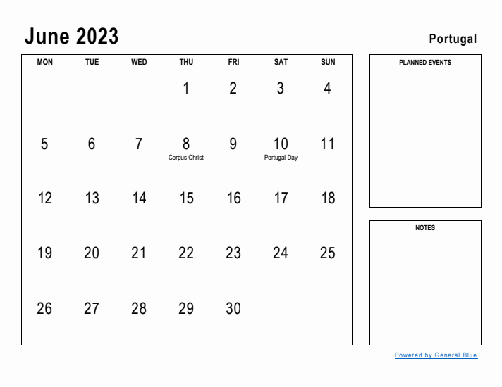 June 2023 Printable Monthly Calendar with Portugal Holidays